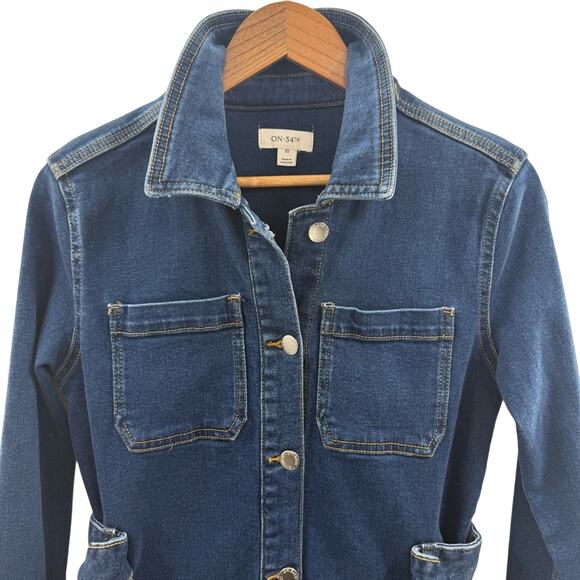 On 34th Women's Belted Denim Wrap Jacket Long Length Fall Winter Medium Wash XS - Picture 5 of 16